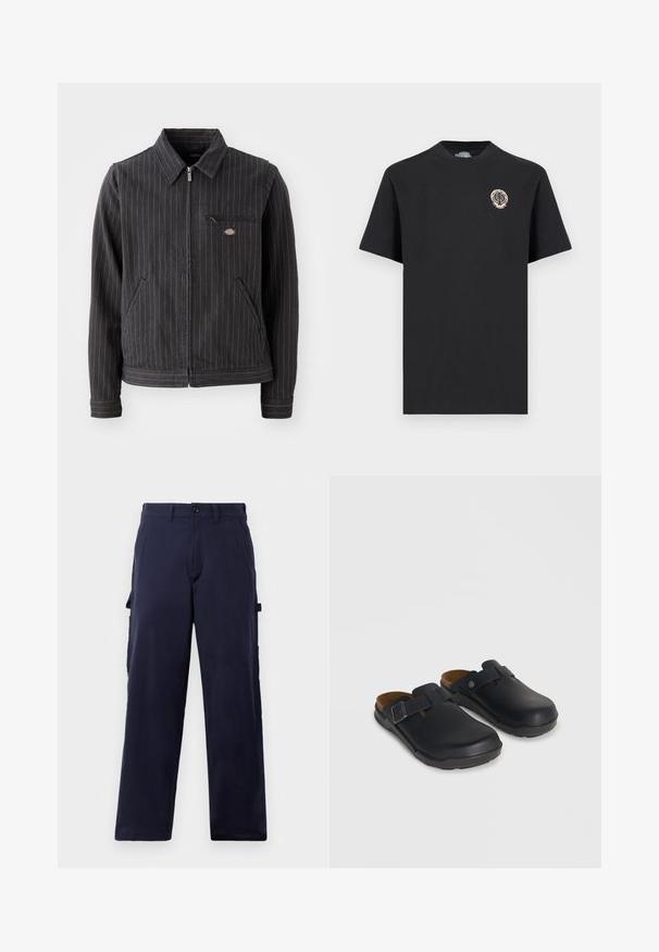 Čierny pruhovaný blazer vyrobený z odolného materiálu. Má golier, zips, predné vrecká a malé logo na vrecku na hrudi.; Čierne tričko s krátkym rukávom a okrúhlym výstrihom, s malým kruhovým béžovým logom s dizajnom listu a lebky na ľavej strane hrude.; Námornícky modré nohavice s rovného strihu, s pútkami na opasok, predným zapínaním na gombík a bočnými vreckami na náradie, zobrazené na bielom pozadí.; Čierne slip-on dreváky s nastaviteľnými bočnými prackami a tvarovanými korkovými stielkami na neutrálnej pozadí.