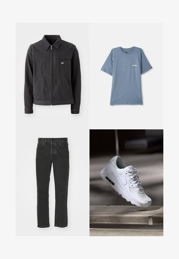 Čierny pruhovaný blazer vyrobený z odolného materiálu. Má golier, zips, predné vrecká a malé logo na vrecku na hrudi.; Modrá bavlnená tričko s krátkymi rukávmi, okrúhlym výstrihom a malou potlačou loga na ľavej strane hrude. Mäkká textúra, voľný strih.; Čierne riflové nohavice so strihom rovného nohavice, klasickým dizajnom s piatimi vreckami, gombíkovým pásom a vybledlým povrchom. Hladká textúra, žiadne viditeľné vzory.; Biele tenisky Nike Air Max 90 s vrchnou časťou z kože a sieťoviny, perforovanou špičkou a viditeľnou vzduchovou jednotkou v päte.