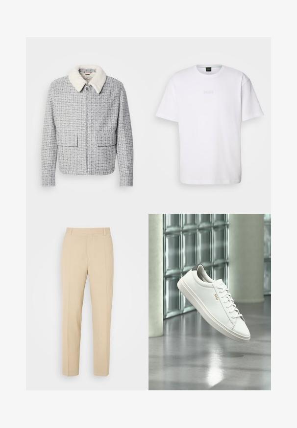 Chaqueta gris con estampado y cierre frontal con cremallera, con un suave cuello de borrego blanco y dos grandes bolsillos delanteros. La tela tiene un aspecto texturizado.; Camiseta de algodón blanca de manga corta, con escote redondo y logotipo grabado de "BOSS" en el pecho. Textura suave, ajuste estándar.; Pantalones de color beige ajustados con un diseño de pierna recta, elaborados en una tela ligera, que presentan dos bolsillos frontales y pliegues bien planchados.; Zapatilla deportiva de piel blanca de corte bajo con cordones, lengüeta negra en el talón y logo "BOSS", flotando en interiores cerca de una pared de bloques de vidrio y suelo pulido.
