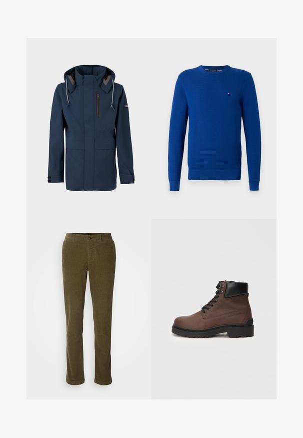 Navyblauwe hoodie met voorrits, borstzak met rits, verstelbare capuchontrekstrengen en klittenband op de manchetten.; Blauw gebreid sweater, ronde hals, lange mouwen, gestructureerd patroon, ribgebreide boorden en zoom, kleine logo-accent op de borst, gemaakt van zachte stof.; Olijfgroene corduroy broek met een rechte snit, voorzien van een knoopsluiting en voorkzakken. Zachte textuur met verticale ribben.; Bruine leren enkellaars met gestructureerd oppervlak, zwarte accenten, ronde neus en robuuste zool, met zes oogjes voor veters.