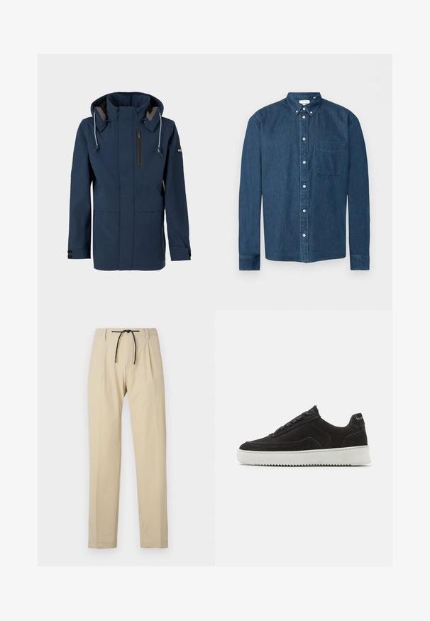 Chaqueta con capucha color azul marino, con cierre delantero, bolsillo en el pecho con cremallera, cordones ajustables en la capucha y tiras de velcro en los puños.; Camisa de mezclilla azul oscuro con botones, mangas largas, un bolsillo delantero a la izquierda y cuello abotonado, mostrada sobre un fondo blanco.; Pantalones beige de corte recto, con cintura elástica ajustable, frontal con pliegues y textura suave. Diseño simple y versátil.; Zapatillas de ante negras con un acabado texturizado, que presentan cordones planos y una suela de goma blanca contrastante con un patrón de zigzag.