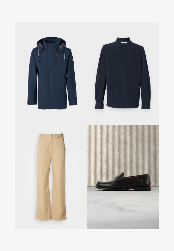Navyblauwe hoodie met voorrits, borstzak met rits, verstelbare capuchontrekstrengen en klittenband op de manchetten.; Navyblauwe shirt met lange mouwen van zachte stof, met een knoopsluiting aan de voorkant, een puntige kraag en een enkele borstzak.; Beige, wijde broek gemaakt van een katoenmix. Voorzien van een knoopsluiting en riemlussen. Soepele textuur, met minimale stikseldetails.; Zwarte leren penny loafer met lage hak, afgeronde neus en gestikte details langs de voorkant en zijkanten, afgebeeld op een neutrale achtergrond.