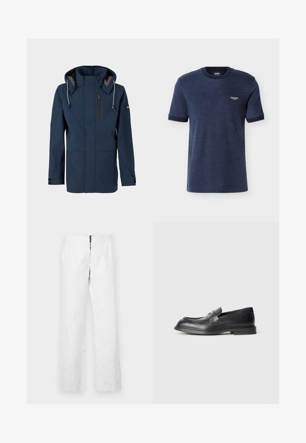 Chaqueta con capucha color azul marino, con cierre delantero, bolsillo en el pecho con cremallera, cordones ajustables en la capucha y tiras de velcro en los puños.; Camiseta de manga corta azul marino con cuello redondo, puños acanalados y pequeño logo beige en el pecho izquierdo.; Pantalones blancos de pierna ancha con una superficie texturizada. Cuentan con una cintura de altura media y un cierre frontal con cremallera de metal.; Mocasines de cuero negro con acabado texturizado, que cuentan con una correa decorativa en la parte delantera y punta redondeada. Suela de goma para mayor durabilidad.
