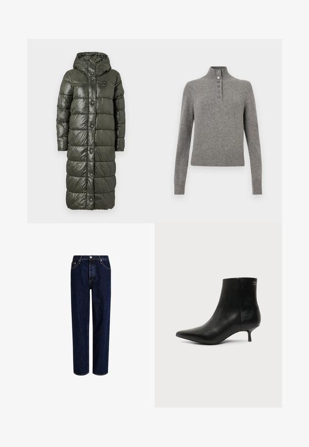 Lang pufferjakke i mørke olivengrøn, med en blank finish, hætte og frontknaplukning. Det kviltede design tilføjer tekstur og isolering.; Grå strikket sweater med en høj ribstrikket krave, der har en delvis knaplukning og ribstrikkede kanter og manchetter for et tætsiddende look.; Mørkeblå denim jeans med lige ben-design, der har høj talje, fem-lomme-stil og kontrastsyninger. Ingen dekorationer.; Sort læder ankelstøvle med spids tå og lav kitten hæl på lys baggrund, der viser yderside.