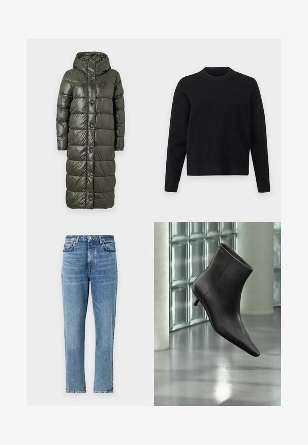 Langer Puffer-Mantel in dunkelolivgrün, mit glänzender Oberfläche, Kapuze und Druckknöpfen vorne. Gepolstertes Design sorgt für Textur und Isolation.; Schwarzer Pullover aus weichem Stoff, mit rundem Halsausschnitt, langen Ärmeln und lockerer Passform, der eine glatte Textur aufweist.; Hellblaue Denim-Jeans mit hoher Taille, geradem Bein Design und verblasster Textur. Mit silbernem Hardware und kontrastierenden Nähten.; Schwarzer Leder-Knöchelstiefel mit spitzer Spitze und kleinem Absatz vor einer Wand aus Glasbausteinen und einem polierten Boden.