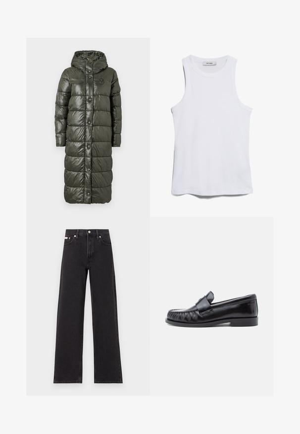 Manteau long en duvet de couleur vert olive foncé, présentant une finition brillante, une capuche et des boutons-pression à l'avant. Le design matelassé ajoute de la texture et de l'isolation.; Débardeur blanc à côtes, avec un col rond et de larges emmanchures. Présente une texture lisse et un ourlet droit. L'étiquette indique "IVY OAK."; Jeans noirs à jambes larges en denim, avec une taille haute, une coupe à cinq poches et une fermeture à bouton en métal avec des coutures contrastantes.; Mocassins en cuir noir avec un bout arrondi, une couture distinctive et une bride décorative sur le cou-de-pied. Finition lisse et talon bas.