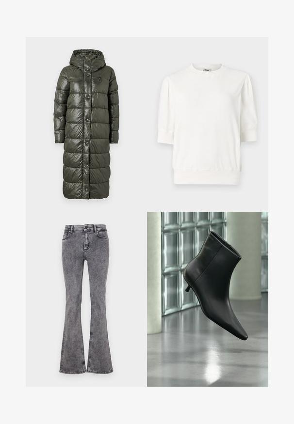 Langer Puffer-Mantel in dunkelolivgrün, mit glänzender Oberfläche, Kapuze und Druckknöpfen vorne. Gepolstertes Design sorgt für Textur und Isolation.; Weißes Kurzarm-Pullover-Oberteil mit rundem Halsausschnitt, gerafften Ärmeln und einer taillierten Taille. Aus weichem Stoff gefertigt.; Schwarze, ausgestellte Jeans aus Denim mit einer ausgewaschenen Optik, mit fünf Taschen, einem Reißverschluss und kontrastrierenden Nähten entlang der Säume.; Schwarzer Leder-Stiefelette mit spitzer Zehenpartie und niedrigem Kitten-Heel, schräg dargestellt vor einem polierten Boden und einer Glasbausteinwand.