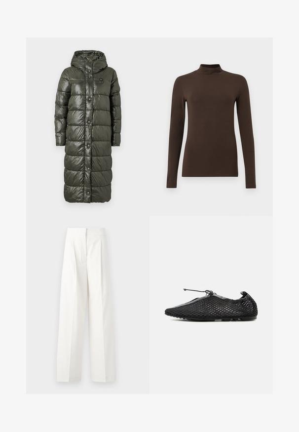 Manteau long en duvet de couleur vert olive foncé, présentant une finition brillante, une capuche et des boutons-pression à l'avant. Le design matelassé ajoute de la texture et de l'isolation.; Haut à col roulé marron à manches longues en tissu doux. Design ajusté avec un col haut et des manches sans couture. Pas de motifs ni de matériel visible.; Pantalons larges blancs à taille haute, dotés de plis à l'avant et d'une texture lisse, fabriqués en tissu léger.; Chaussure slip-on en mesh noir avec une semelle fine et un lacet ajustable noué sur le dessus, présentée de profil sur fond blanc.