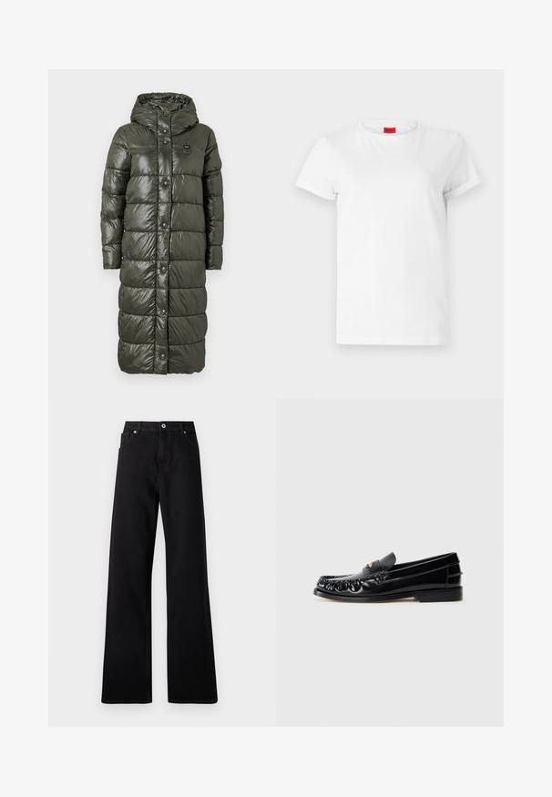 Manteau long en duvet de couleur vert olive foncé, présentant une finition brillante, une capuche et des boutons-pression à l'avant. Le design matelassé ajoute de la texture et de l'isolation.; T-shirt blanc à manches courtes en coton léger. Présente un col rond et des manches retroussées. Étiquette logo rouge sur le col.; Jean large noir en denim avec un design à cinq poches, fermeture à bouton à l'avant et détails de couture subtils.; Mocassins en cuir noir avec un bout arrondi, des coutures décoratives et un petit accent doré sur le dessus. Semelle en caoutchouc plate, design épuré.