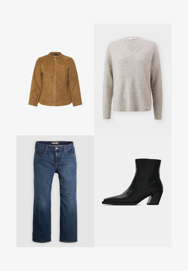 Brun ruskindsjakke med ståkrave, frontlynlås og to sidelommer. Glat tekstur og skræddersyet pasform med sømdetaljer.; Beige v-hals sweater lavet af tekstureret ribbet stof, der har lange ærmer og en afslappet pasform. Generelt blød fremtoning med et subtilt mønster.; Mørkeblå denimjeans med lige ben, der har fem lommer, knaplukning og diskrete stikninger langs sømmene.; Sortlæder ankelstøvle med spids tå, en slank silhuet og en kraftig firkantet hæl. Glat tekstur med minimale stikninger.