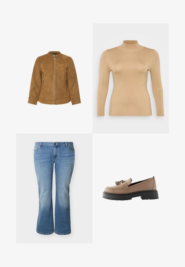 Brun ruskindsjakke med ståkrave, frontlynlås og to sidelommer. Glat tekstur og skræddersyet pasform med sømdetaljer.; Beige rullekravebluse med lange ærmer, ribbet tekstur, tætsiddende design og høj krage. Glat materiale uden synlige udsmykninger.; Lyseblå cowboybukser med høj talje, let udvidede ben, forreste knaplukning og fem-lommers design.; Beige læder loafers med frynseaccent, der har en kraftig sort platformssål og tekstureret overflade, designet til komfort og stabilitet.