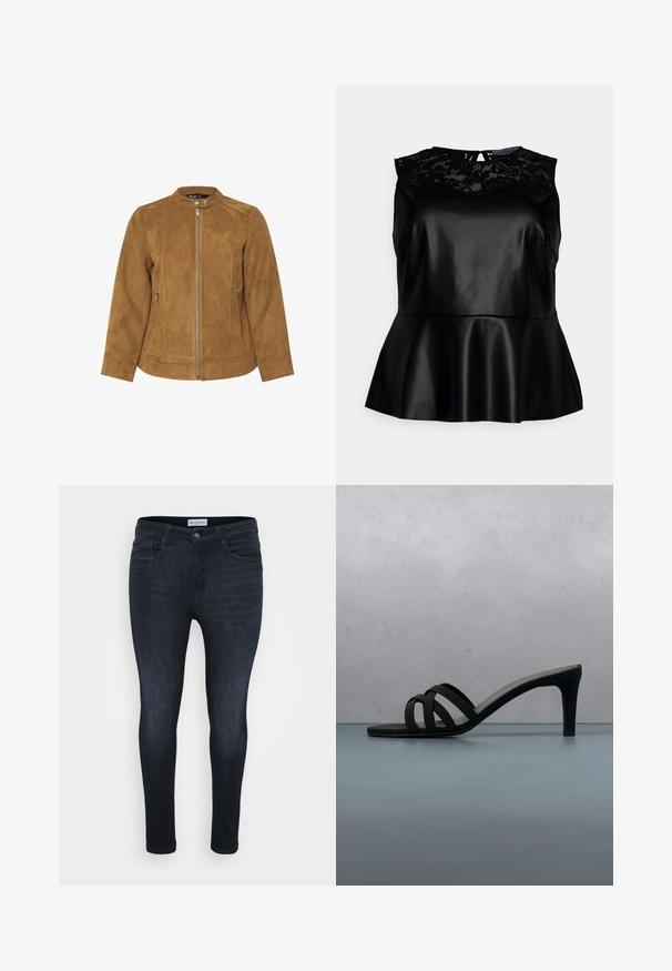 Brun ruskindsjakke med ståkrave, frontlynlås og to sidelommer. Glat tekstur og skræddersyet pasform med sømdetaljer.; Anna Field Curvy Bluse - black; Mørkeblå skinny jeans med en glat overflade, der har et klassisk fem-lomme-design og en lynlås med knaplukning.; Sort remsandal med hæl, der svæver over en udendørs træterrasse med en grøn plante og en betonvæg i baggrunden.