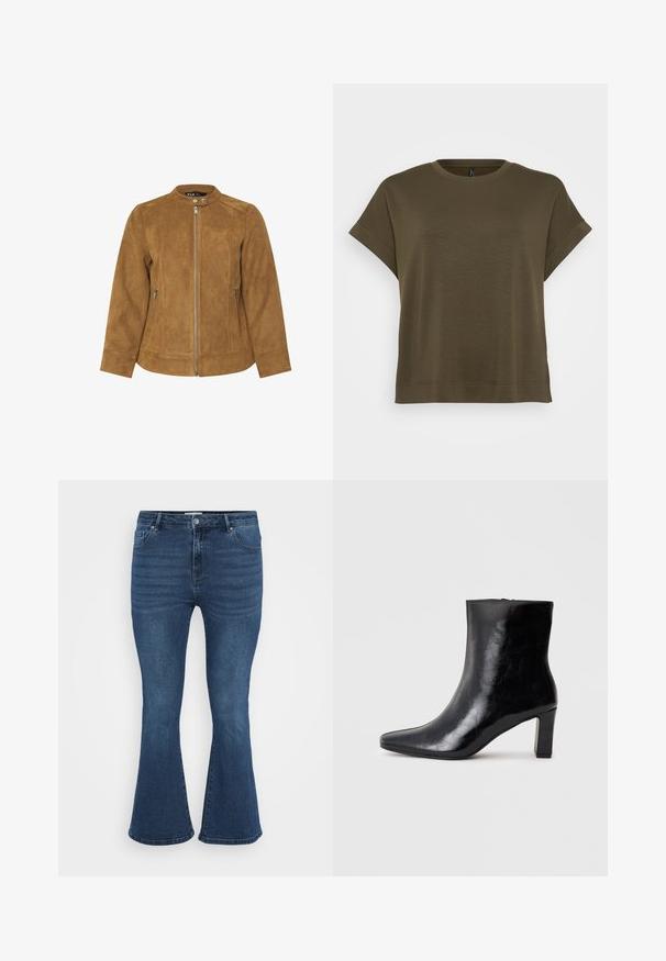 Brun ruskindsjakke med ståkrave, frontlynlås og to sidelommer. Glat tekstur og skræddersyet pasform med sømdetaljer.; Vero Moda Curve VMCHALI - T-shirts basic - grape leaf; Bredde blå denimjeans med medium taljehøjde, fem lomme-design og subtile ribbede tekstur foran. Stof ser robust og glat ud.; Sorte ankelstøvler lavet af blank læder, med spidse tæer og en mellemstor blokhæl, med en glat tekstur og et enkelt design.