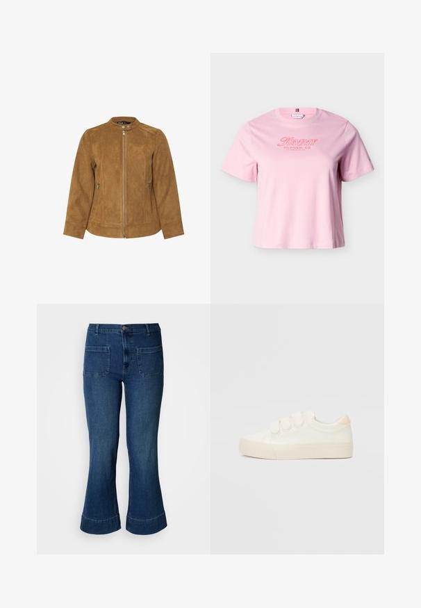 Brun ruskindsjakke med ståkrave, frontlynlås og to sidelommer. Glat tekstur og skræddersyet pasform med sømdetaljer.; Lyserød T-shirt med korte ærmer og "Tommy Hilfiger, Co. Los Angeles, CA, USA" tekst i rødt på brystet.; Blå denimjeans med vide ben, forlommer med lapper, bæltestropper og knaplukning i taljen.; Hvide sneakers med en glat læderlignende overdel, tre velcrostropper, rund tå og en tekstureret gummisål. Bagakcent i beige.