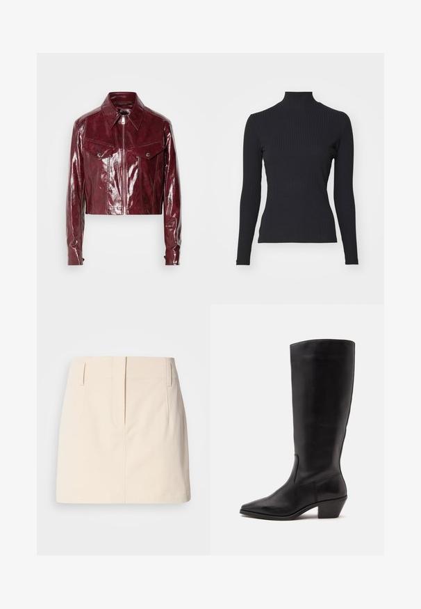 Afskåret bordeaux læderjakke med en blank finish, spidse kraver, lynlåslukning foran og to brystlommer med trykknapper.; Sort ribbet turtle-sweater med lange ærmer. Lavet af strækbart stof med en tætsiddende pasform og høj krave. Enkel design uden udsmykninger.; Calvin Klein Jeans SKIRT - A-snit nederdel - fog; Sort læderstøvle til midtkalv med spids tå og lavt skråt hæl på en enkel lys baggrund.
