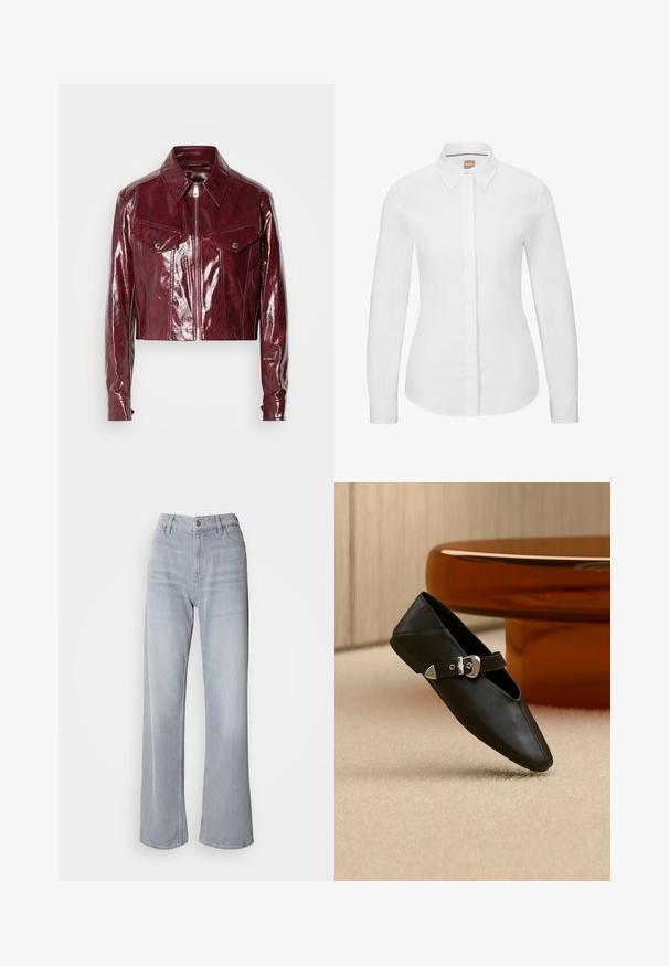 Chaqueta de cuero burdeos recortada con un acabado brillante, cuello puntiagudo, cierre frontal con cremallera y dos bolsillos en el pecho con botones a presión.; Camisa blanca de manga larga abotonada en tejido de algodón puro con cuello clásico, placket frontal y corte entallado. Textura suave, sin estampados.; Jeans de pernera ancha en gris claro, con cintura alta, hechos de denim. Presentan bolsillos frontales, cremallera y un leve desvanecimiento por toda la prenda.; Zapato plano de cuero negro con punta puntiaguda y correa con hebilla plateada, colocado sobre una alfombra beige frente a una mesa redonda de color ámbar.