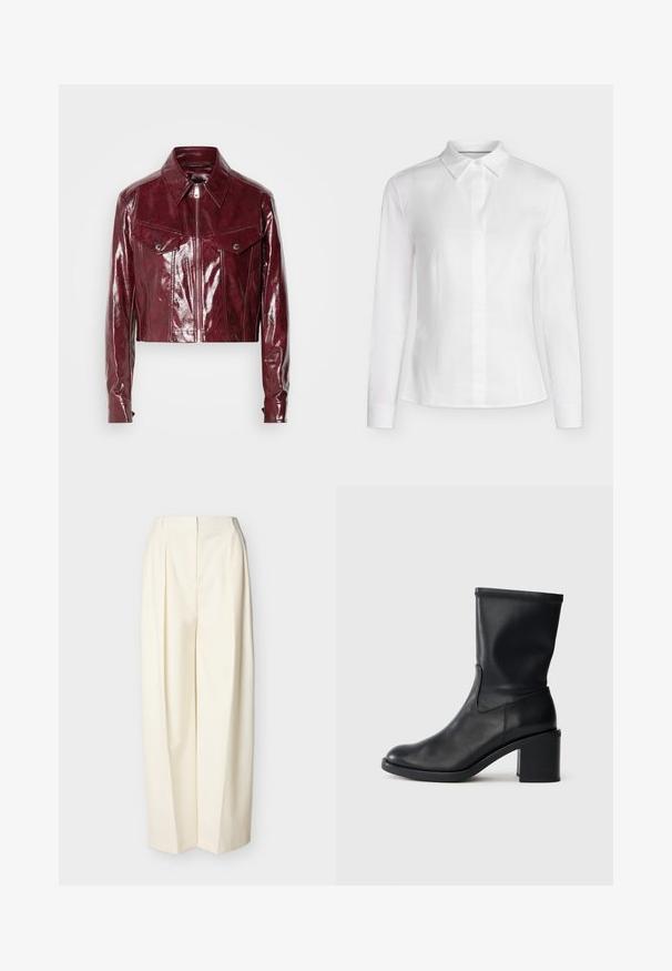 Chaqueta de cuero burdeos recortada con un acabado brillante, cuello puntiagudo, cierre frontal con cremallera y dos bolsillos en el pecho con botones a presión.; Blusa blanca ajustada de manga larga con cuello puntiagudo, parte delantera abotonada y costuras entalladas, presentada sobre un fondo liso.; Pantalones anchos color crema de talle alto con pliegues frontales, cremallera oculta en la parte delantera y presillas para cinturón.; Botín negro de cuero hasta el tobillo con punta redonda, textura suave y tacón grueso, que presenta un eje ajustado y un sutil detalle de costura.