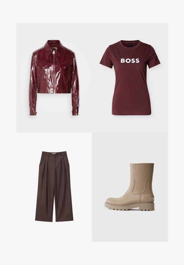 Korte bordeaux leren jack met een glanzende afwerking, spitse kraag, ritssluiting aan de voorkant en twee borstzakken met drukknoopsluitingen.; Marskleurig T-shirt met korte mouwen en ronde hals, voorzien van een wit BOSS-logo centraal op de borst, getoond tegen een effen lichte achtergrond.; Bruine broek met hoge taille, wijde pijpen, voorplooien, riemlussen en een verborgen sluiting aan de voorkant.; Beige rubberen enkellaarsjes met een gladde afwerking, rond neus en een gestructureerde zool. Beschikt over een zijpaneel en logo-detail op de hak.