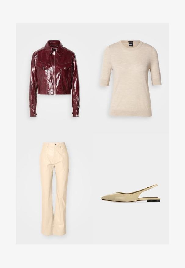 Afskåret bordeaux læderjakke med en blank finish, spidse kraver, lynlåslukning foran og to brystlommer med trykknapper.; BOSS FARBELLA - T-shirts basic - light beige; Beige faux læder fløjsbukser med en glat overflade, der har frontlommer, knaplukning og en subtil shiny finish.; Beige spids tå slingback flad sko med lav sort hæl og en glat læderfinish, vist fra siden på en ensfarvet baggrund.