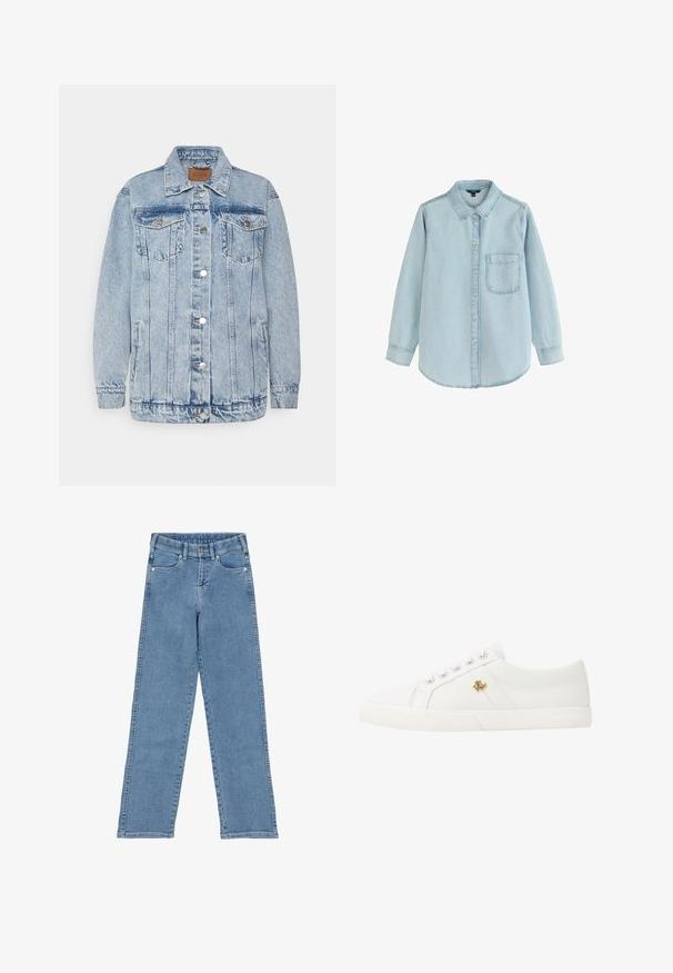 Lichtblauwe denimjas met een knoopsluiting aan de voorkant, twee borstzakken en zijzakken. Voorzien van een klassieke kraag en gestikte details.; Lichtblauw denim overhemd met lange mouwen en knopen, voorzien van een enkele borstzak en een opgevouwen kraag, plat neergelegd op een witte achtergrond.; Lichtblauwe denim jeans met een hoge taille, rechte pijpen en voorzakken. Voorzien van een knoopsluiting en zilverkleurige hardware.; Lauren Ralph Lauren JANSON II CANVAS SNEAKER - Sneakers laag - optic white