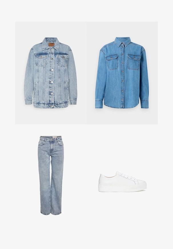 Veste en denim bleu clair avec une fermeture à boutons, deux poches poitrine et des poches latérales. Présente un col classique et des détails en surpiqûres.; Chemise en jean bleu clair à manches longues, avec un devant boutonné, deux poches poitrine et un col classique. Présente des coutures contrastées.; Jeans larges bleu clair en denim, dotés d'une taille haute, d'un design à cinq poches et d'un léger dégradé pour un aspect usé.; Sneaker en cuir blanc avec une surface lisse, un bout rond et une semelle plate. Doté d'un système de fermeture à lacets et de détails de couture subtils.
