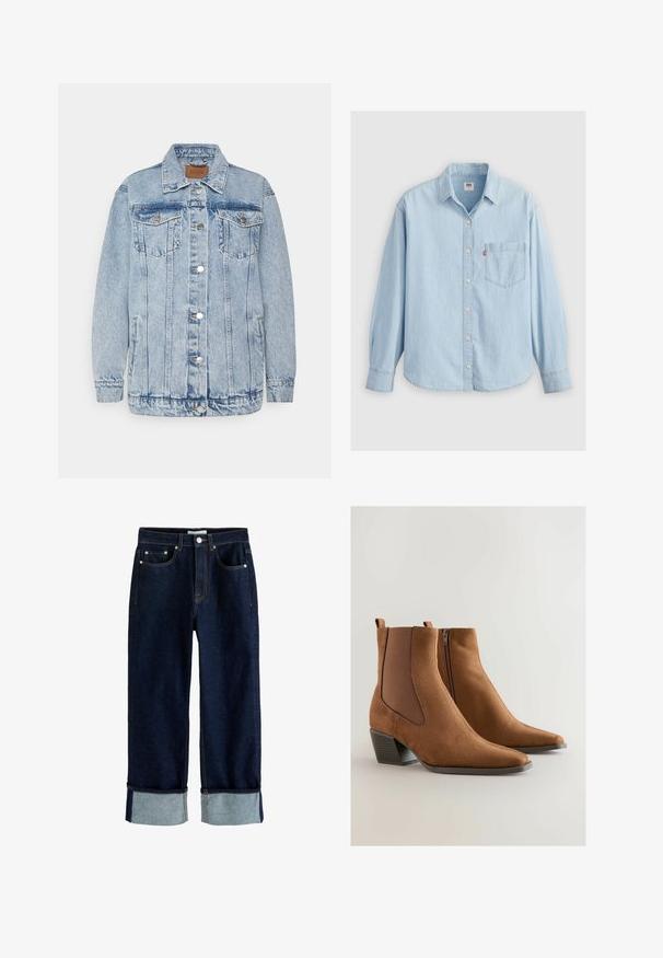 Lichtblauwe denimjas met een knoopsluiting aan de voorkant, twee borstzakken en zijzakken. Voorzien van een klassieke kraag en gestikte details.; Lichtblauwe spijkerblouse met een puntkraag, lange mouwen, knoopsluiting en een borstzak met een klein logo-label.; Donkerblauwe denim jeans met opgerolde boorden, vijfzakkenstijl, zichtbare stiksels en knoopsluiting in de taille.; Bruine suède enkelboots met een spitse neus, elastische zijkanten en een lage gestapelde hak. Voorzien van een rits aan één kant.