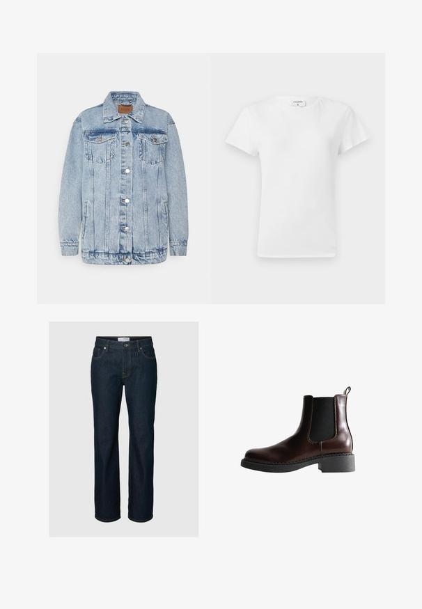 Helle blaue Denimjacke mit einer Knopfleiste, zwei Brusttaschen und Seitentaschen. Mit klassischem Kragen und gesteppten Details.; Weißes Baumwoll-T-Shirt mit Rundhalsausschnitt und kurzen Ärmeln, das einen lockeren Sitz und ein minimalistisches Design aufweist. Etikett am Hals sichtbar.; Dunkelblaue Straight-Leg-Denimjeans mit fünf Taschen, Knopfverschluss und Kontrastnähten, dargestellt vor einfarbigem Hintergrund.; Braune Leder-Boots mit elastischen Seitenteilen, runder Spitze und einer strukturierten schwarzen Gummisohle. Verfügt über kontrastierende Nähte und eine Ziehlasche.