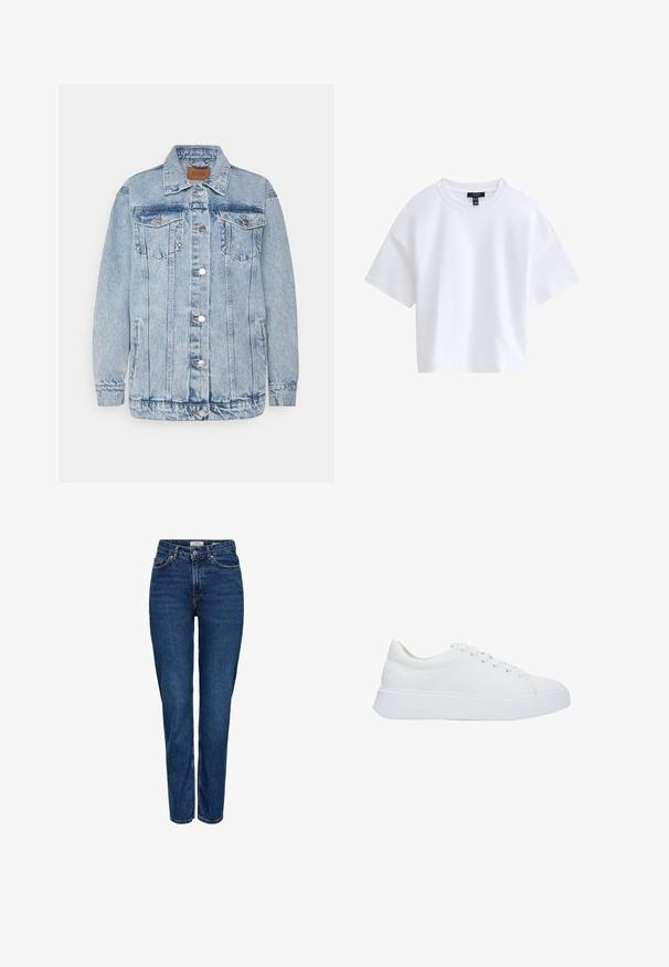 Lichtblauwe denimjas met een knoopsluiting aan de voorkant, twee borstzakken en zijzakken. Voorzien van een klassieke kraag en gestikte details.; Effen witte cropped T-shirt met korte mouwen, een ronde hals en een zwart merkembleem aan de binnenkant van de kraag.; Donkerblauwe spijkerbroek met rechte pijpen, hoge taille, vijf zakken, lichte stiksels en een subtiele textuur.; Witte leren sneakers met een ronde neus, platte veters en een dikke rubberen zool. Gladde textuur met minimale stikseldetails.