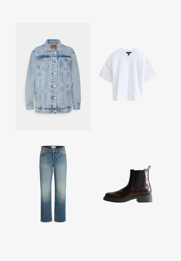 Lichtblauwe denimjas met een knoopsluiting aan de voorkant, twee borstzakken en zijzakken. Voorzien van een klassieke kraag en gestikte details.; Effen witte cropped T-shirt met korte mouwen, een ronde hals en een zwart merkembleem aan de binnenkant van de kraag.; Lichtblauwe denim jeans met een hoge taille, rechte pijpen, subtiele vervaging, voorkezen en een knoopsluiting. Merktag zichtbaar aan de binnenkant.; Bruine leren enkelboot met elastische zijpanelen, ronde neus en een gestructureerde zwarte rubberen zool. Heeft contrasterende stiksels en een lusje aan de achterkant.