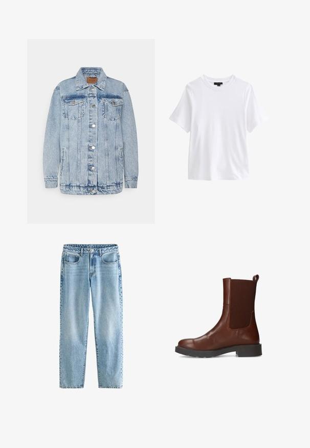 Lichtblauwe denimjas met een knoopsluiting aan de voorkant, twee borstzakken en zijzakken. Voorzien van een klassieke kraag en gestikte details.; Effen wit T-shirt met korte mouwen en ronde hals met een zwart kledinglabel aan de binnenkant van de kraag op een witte achtergrond.; Lichtblauwe denim jeans met een relaxte pasvorm. Beschikt over vier zakken, een klassieke knoopsluiting en minimale vervaging voor een uniforme textuur.; Bruine leren enkellaarzen met een gladde afwerking, elastische geribbelde zijpanelen, stevige zwarte zool en een trekband voor gemakkelijke aan- en uittrekken.