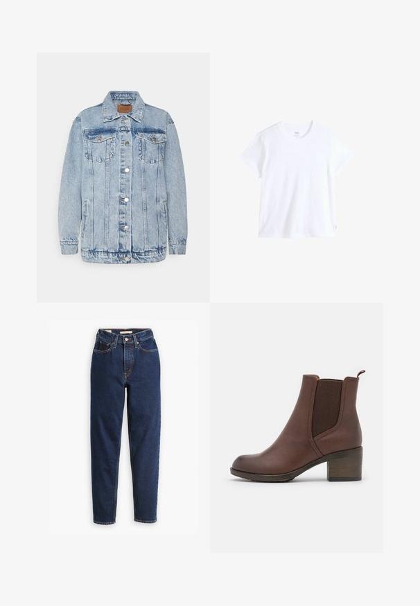 Lichtblauwe denimjas met een knoopsluiting aan de voorkant, twee borstzakken en zijzakken. Voorzien van een klassieke kraag en gestikte details.; Wit katoenen t-shirt met korte mouwen, ronde hals en rechte zoom. Heeft een klein rood logotag aan de linkeronderzijde.; Donkerblauwe denimjeans met een hoge taille, vijf-pocket ontwerp en rechte pijpen. Contrasterende stiksels en een knopen-flapsluiting.; Bruine leren enkellaars met een gladde afwerking, elastische zijpanelen, een ronde neus en een gematigde houten hak.