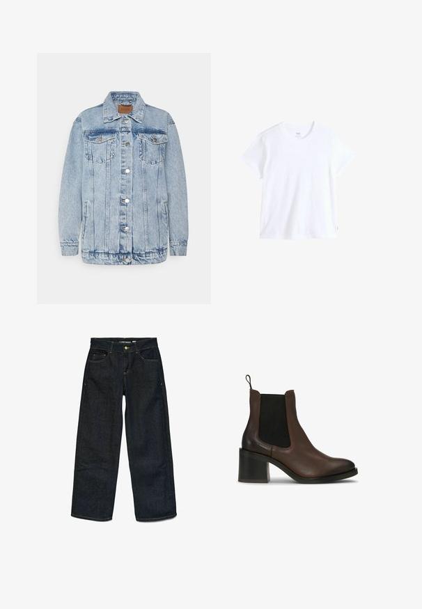 Lyseblå denimjakke med knaplukning foran, to brystlommer og sidelommer. Har klassisk krave og syningsdetaljer.; Hvid bomuld t-shirt med korte ærmer, rund halsudskæring og lige kant. Har en lille rød logoetiket på nederste venstre side.; Mørkeblå, brede denimbukser med forhånds- og møntlommer, kontrasterende gul syning, knaplukning og bæltestropper.; Brune læderankelstøvler med elastiske sidepaneler, en blokhæl, glat tekstur og en trække-flap for nem påtagning.
