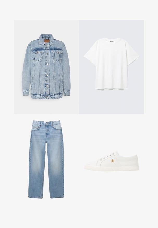 Lyseblå denimjakke med knaplukning foran, to brystlommer og sidelommer. Har klassisk krave og syningsdetaljer.; Hvid T-shirt med korte ærmer og rund halsudskæring med en afslappet pasform og et "WEEKDAY" mærke på indersiden af nakken bagtil.; Lyseblå denimbukser med lige ben, fem-pockets stil og synlige syninger. Stofmaterialet har en blød, let falmet tekstur.; Lauren Ralph Lauren JANSON II CANVAS SNEAKER - Sneakers - optic white