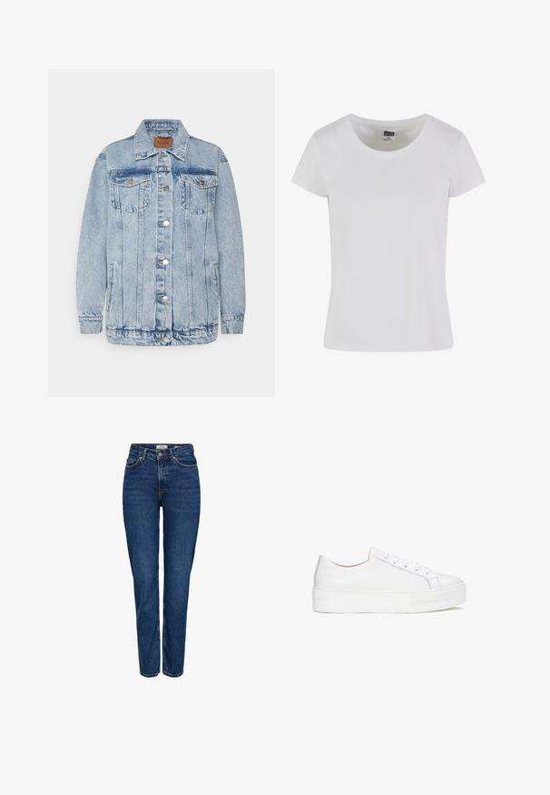 Veste en denim bleu clair avec une fermeture à boutons, deux poches poitrine et des poches latérales. Présente un col classique et des détails en surpiqûres.; T-shirt blanc à manches courtes en coton. Il présente une encolure arrondie et une coupe cintrée. L'étiquette indique "URBAN CLASSICS".; Jean en denim bleu foncé avec une coupe droite, taille haute, cinq poches, coutures claires et une finition texturée subtile.; Sneaker en cuir blanc avec une surface lisse, un bout rond et une semelle plate. Doté d'un système de fermeture à lacets et de détails de couture subtils.