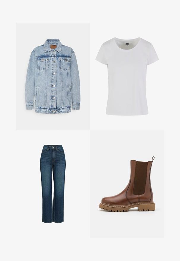 Veste en denim bleu clair avec une fermeture à boutons, deux poches poitrine et des poches latérales. Présente un col classique et des détails en surpiqûres.; T-shirt blanc à manches courtes en coton. Il présente une encolure arrondie et une coupe cintrée. L'étiquette indique "URBAN CLASSICS".; Jean taille haute bleu foncé, design à jambes larges, en denim, avec poches avant et fermeture boutonnée avec zip.; Bottine en cuir marron avec des panneaux élastiques et une languette de tirage. Elle possède une semelle en caoutchouc épaisse et des détails de couture visibles le long des bords.