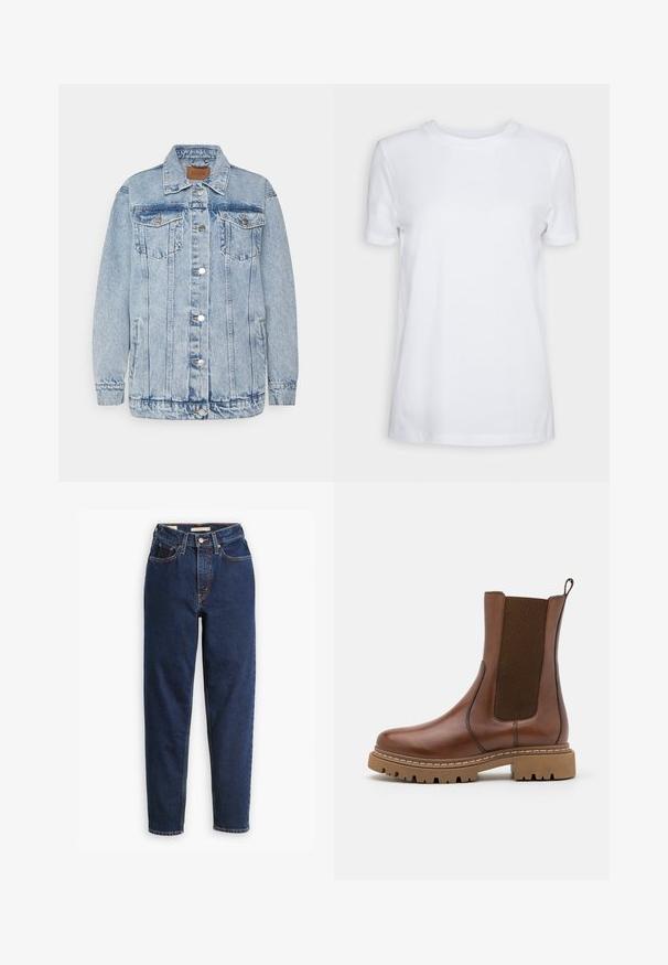 Helle blaue Denimjacke mit einer Knopfleiste, zwei Brusttaschen und Seitentaschen. Mit klassischem Kragen und gesteppten Details.; Schlichtes weißes T-Shirt mit kurzen Ärmeln und Rundhalsausschnitt, normaler Passform und einem kleinen Innenhalsetikett mit der Aufschrift „SELECTED FEMME.“; Dunkelblaue Jeans aus Denim mit hoher Taille, Fünf-Taschen-Design und geraden Beinen. Kontrastnähte und Knopfverschluss.; Braune Leder-Ankle-Boots mit elastischen Einsätzen und einem Ziehschlaufe. Sie verfügen über eine robuste Gummisohle und sichtbare Nahtdetails entlang der Kanten.