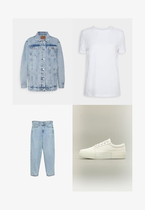 Veste en denim bleu clair avec une fermeture à boutons, deux poches poitrine et des poches latérales. Présente un col classique et des détails en surpiqûres.; T-shirt blanc uni à manches courtes, col rond, coupe régulière, avec une petite étiquette à l’intérieur du col indiquant "SELECTED FEMME."; Jean en denim bleu clair taille haute avec poches avant, passants pour ceinture, fermeture à boutons et jambes fuselées sur fond blanc.; Baskets basses blanches avec semelle épaisse, œillets métalliques et lacets, montrées de profil sur un fond clair uni.