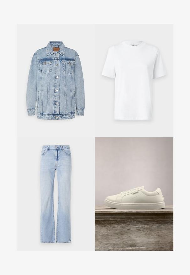 Veste en denim bleu clair avec une fermeture à boutons, deux poches poitrine et des poches latérales. Présente un col classique et des détails en surpiqûres.; T-shirt en coton blanc à col rond, avec des manches courtes et une texture lisse. Conçu avec une coupe décontractée pour plus de confort et de polyvalence.; Jean flare en denim bleu clair avec design à cinq poches, passants de ceinture et fermeture à bouton. Texture douce avec un léger dégradé.; Baskets en cuir blanc avec des lacets flottant au-dessus d'un banc en bois, herbe verte haute floue en arrière-plan à l'extérieur.
