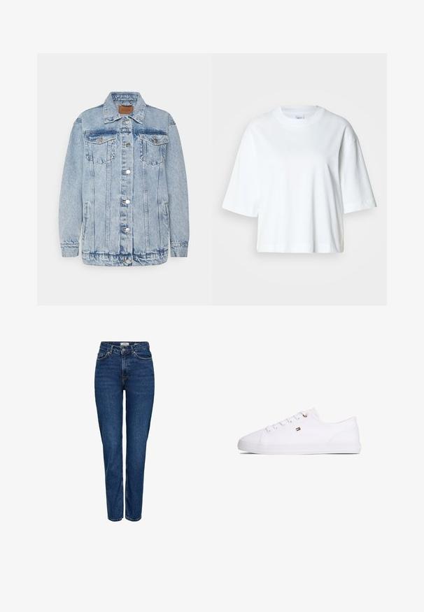 Veste en denim bleu clair avec une fermeture à boutons, deux poches poitrine et des poches latérales. Présente un col classique et des détails en surpiqûres.; T-shirt blanc court à manches courtes, col rond, en coton doux, avec un design simple et épuré.; Jean en denim bleu foncé avec une coupe droite, taille haute, cinq poches, coutures claires et une finition texturée subtile.; Baskets blanches basses avec fermeture à lacets, petit logo drapeau rouge, blanc et noir sur le côté, et semelle plate en caoutchouc.