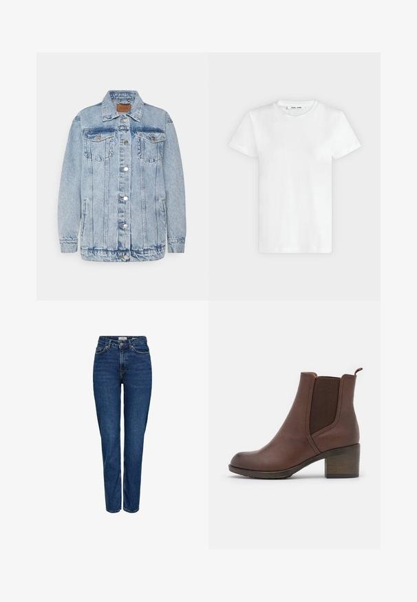 Veste en denim bleu clair avec une fermeture à boutons, deux poches poitrine et des poches latérales. Présente un col classique et des détails en surpiqûres.; T-shirt blanc uni à manches courtes et col rond, posé à plat sur un fond gris clair, montrant le devant avec l'étiquette à l'intérieur du col.; Jean en denim bleu foncé avec une coupe droite, taille haute, cinq poches, coutures claires et une finition texturée subtile.; Bottine en cuir marron, avec une finition lisse, des panneaux latéraux élastiques, un bout arrondi et un talon en bois modéré.