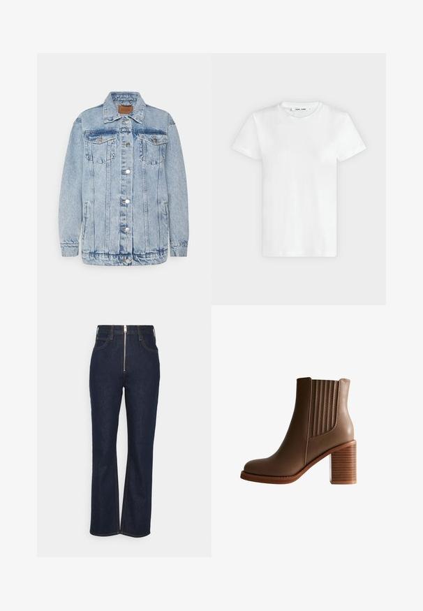 Helle blaue Denimjacke mit einer Knopfleiste, zwei Brusttaschen und Seitentaschen. Mit klassischem Kragen und gesteppten Details.; Ein schlichtes weißes T-Shirt mit kurzen Ärmeln und Rundhalsausschnitt liegt flach auf einem hellgrauen Hintergrund, zeigt die Vorderseite mit einem Etikett im Halsausschnitt.; FRAME HIGH EXPOSED ZIP - Jeans Straight Leg - dark blue; Braune Leder-Stiefelette mit gestapeltem Blockabsatz und elastischen Seitenpaneelen für einfaches An- und Ausziehen, im Profil auf weißem Hintergrund dargestellt.