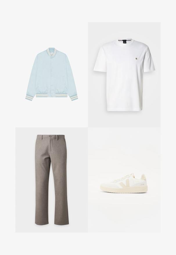 Veste bomber bleu clair avec boutons-pression, col, poignets et ourlet côtelés rayés blanc et bleu, et deux poches avant.; T-shirt en coton blanc avec un col rond, des manches courtes et un petit logo sur la poitrine gauche. Texture lisse, coupe classique.; Pantalon beige coupe droite pour homme avec fermeture par bouton et zip, passants de ceinture et poches avant, présenté sur un fond blanc uni.; Sneaker blanche avec des accents beiges, présentant un dessus texturé, un bout rond et une semelle en caoutchouc épaisse. Le design inclut le logo V iconique et le branding.