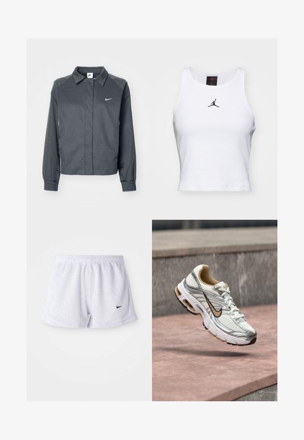 Nike Sportswear Letná bunda - black; Biely crop tank top vyrobený z bavlny s rebrovanou textúrou. Obsahuje čierne logo Jordan v strede a klasický okrúhly výstrih.; Biele, rebrované športové šortky s elastickým pásom a malým čiernym logom Nike na dolnej ľavej strane. Jednoduchý, minimalistický dizajn.; Biely a strieborný bežecký Nike topánka s béžovým logom Swoosh, zobrazená vo vzduchu nad kamenným povrchom s rozmazaným sivým pozadím steny.