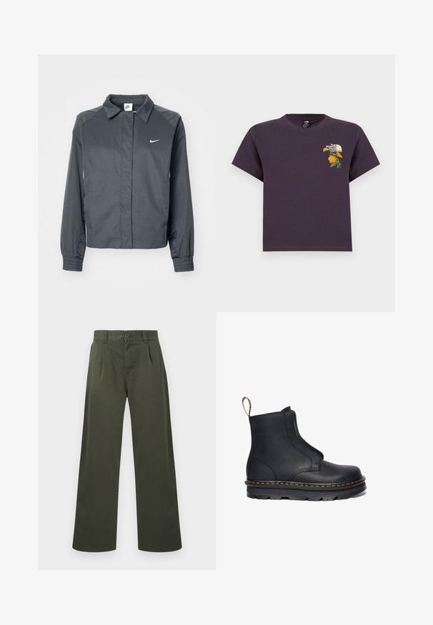 Nike Sportswear Let jakke / Sommerjakker - black; Lilla bomuld T-shirt med rund hals, der har et broderet blomsterdesign og logo på venstre brystområde. Korte ærmer, afslappet pasform.; Olivengrønne bukser med lige ben, bæltestropper, knaplukning foran og sidelommer på hvid baggrund.; Sort læder ankelstøvle med elastiske sidepaneler, rund tå, kontrasterende gul syning og en kraftig gummisål.