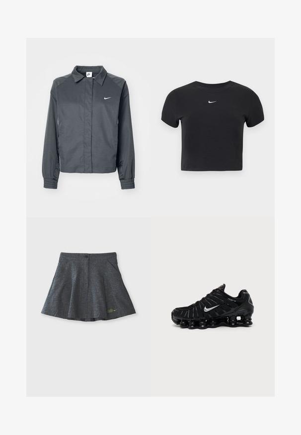 Nike Sportswear Let jakke / Sommerjakker - black; Sort cropped t-shirt lavet af bomuld, med rund halsudskæring og korte ærmer. Bemærkelsesværdigt hvidt Nike-logo på brystet.; Grå skort lavet af tekstureret stof med en taljebutton-lukning, der har to sidelommer og et subtilt broderet logo i kanten.; Sort Nike sportssko med sølv Swoosh-logo, mesh og syntetisk overdel, og en karakteristisk segmenteret polstret sål.
