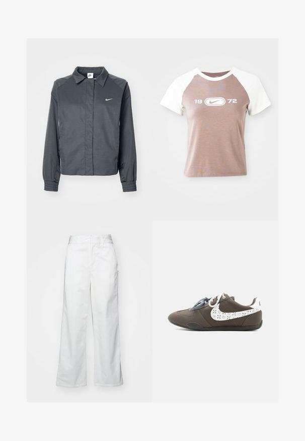 Nike Sportswear Let jakke / Sommerjakker - black; Kortærmet t-shirt med en lys brun krop og hvide raglanærmer, med et stort hvidt grafisk logo og årstallet "1972" centreret foran.; Hvide brede bukser lavet af bomuld, med en glat overflade, lige pasform, forlommer og en ren kant.; Grå lavtop sneaker med tofarvede snørebånd og en hvid perforeret swoosh-logo på siden, sat mod en ensfarvet lys baggrund.