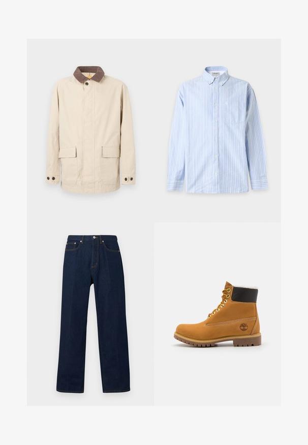 Veste beige en coton avec un col en velours côtelé marron, dotée de deux poches avant et de boutons décoratifs sur les manches.; Chemise bleu clair à boutons avec des rayures verticales blanches, manches longues, col boutonné et poche poitrine sur un fond uni.; Jean en denim bleu foncé à coupe droite, avec bouton sur le devant, fermeture éclair et style cinq poches sur un fond uni.; Bottine en cuir brun avec œillets en métal, doublure en fourrure blanche, col rembourré noir, semelle robuste et logo en relief sur le côté.