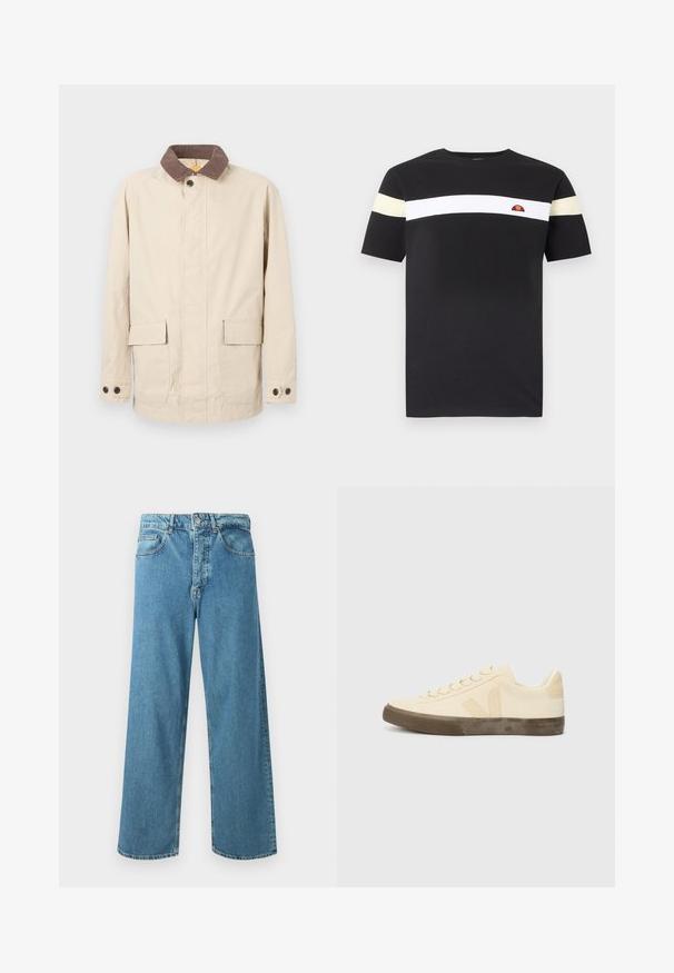 Beige jakke lavet af bomuld med en brun corduroy krave, der har to frontlommer og knapdetaljer på ærmerne.; Sort kortærmet t-shirt med en hvid vandret stribe over brystet og lyse beige bånd på ærmerne, med en lille logo på brystet.; Lyseblå vidde-bukser i denim med høj talje, forlommer og klassisk knap- og lynlåslukning.; Beige lærredssko med rund tå, flade snørebånd og struktureret brun gummisål. Har et logo på siden og et minimalistisk design.