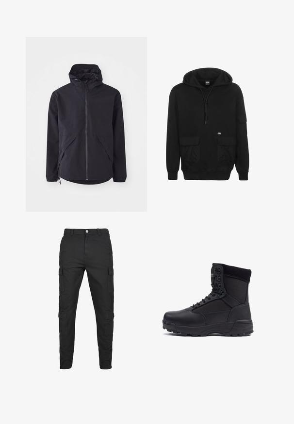 Veste légère noire avec une capuche, fermeture éclair avant et deux poches latérales. Équipée de poignets élastiques et d'un ourlet réglable pour un ajustement confortable.; Hoodie noir en tissu doux, avec une capuche à cordon de serrage, des poches avant et un patch logo sur la partie gauche de la poitrine.; Pantalons cargo noirs en tissu durable. Comprend plusieurs poches latérales, une fermeture à bouton et un design de jambe fuselée. Devant plat, sans motifs.; Botte tactique noire avec une tige en cuir lisse et des panneaux en tissu, design montante, fermeture à lacets à l'avant et semelle en caoutchouc robuste.