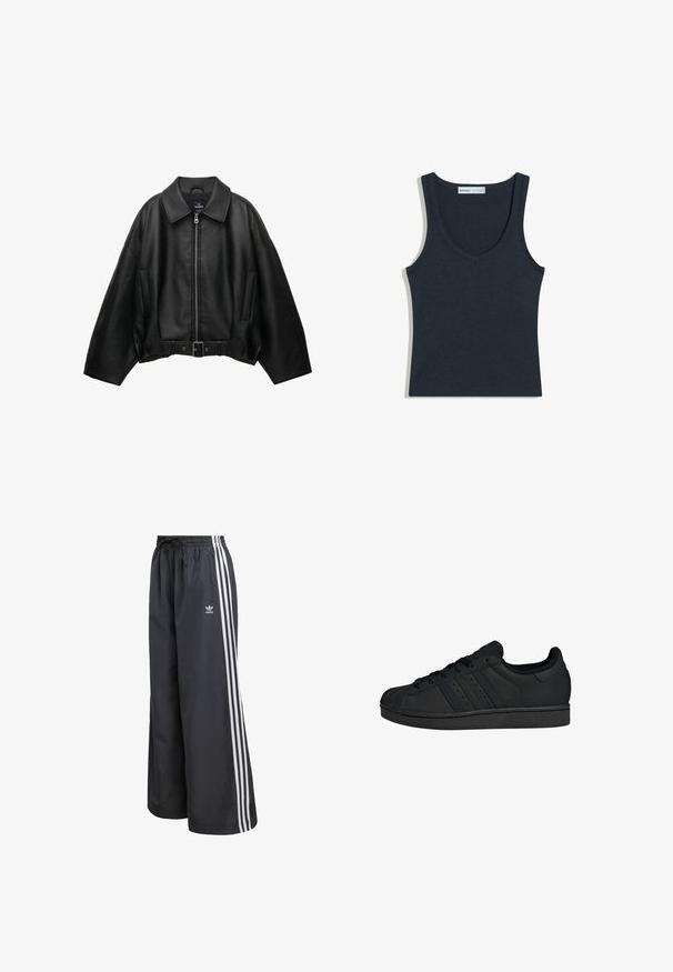 Zwarte lederen jas met een brede kraag, ritssluiting, zijzakken en een tailleband met riem. Heeft een losse pasvorm en een gestructureerd materiaal.; Zwarte geribde mouwloze tanktop met V-hals, gelabeld Bershka, plat gelegd op een witte achtergrond.; Zwarte sportbroek van lichtgewicht materiaal, met drie witte verticale strepen en een elastische tailleband met trekkoord.; Zwarte sport sneakers met een rubberen zool, voorzien van een geprofileerde neuskap, een drie-strepenontwerp aan de zijkant en vetersluiting.